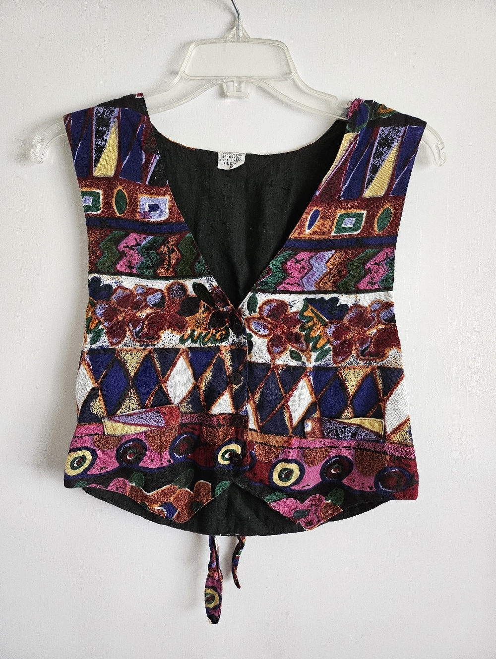 Vintage 70s Colorful Abstract Print Vest Women's Size Small Cotton Rayon Blend S